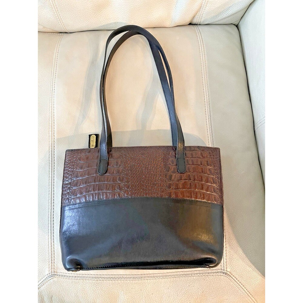 Vintage Brahmin Leather Tote Shoulder Bag Gator/Croc Trim Medium Brown Black